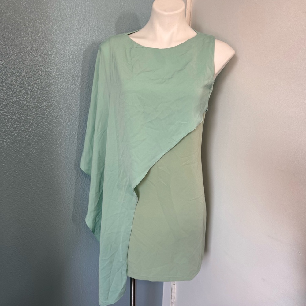VanillaChocolate Elegant Mint Green Draped Flow Sleeve One Shoulder Womens Dress